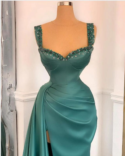 Affordable Green Satin Slit Long Prom Dresses