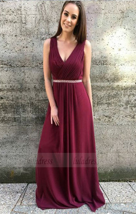 v neck long prom dresses, modest a line plunging evening dresses with pleats beading