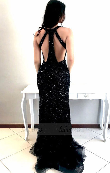 Sexy Black Mermaid Prom Dresses with Rhinestones,Deep V-neck Shine Beaded Long Pageant Dresses