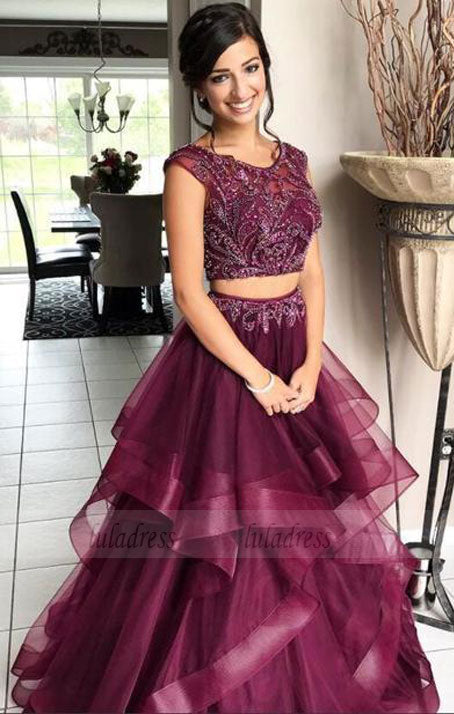 Elegant Beaded Tulle Two Piece Prom Dress, Floor Length Long Prom Dresses