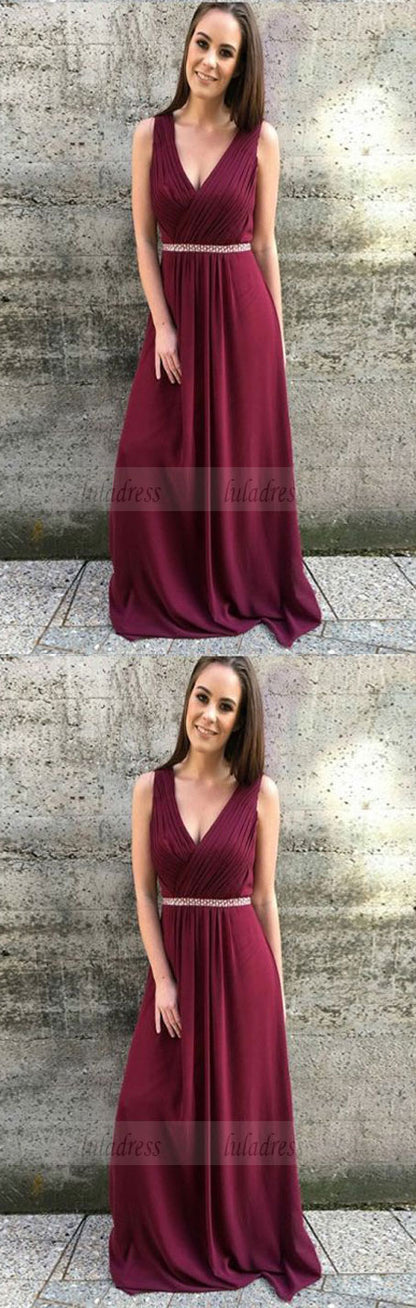 v neck long prom dresses, modest a line plunging evening dresses with pleats beading