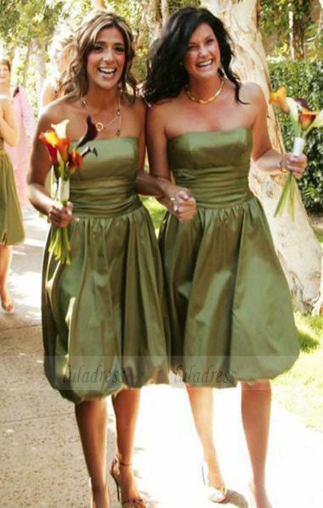 Strapless Sleeveless Bridesmaid Dresses, Olive Short Bridesmaid Dresses, Modest Bridesmaid Dresses