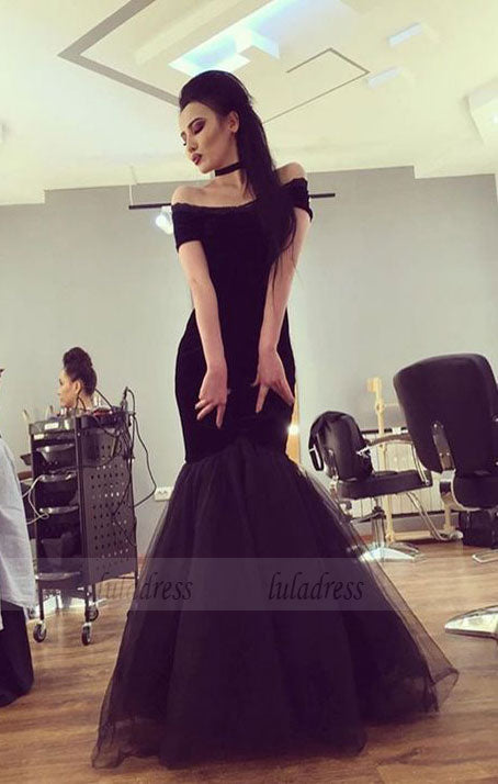 Sexy Off The Shoulder Black Tulle Mermaid Evening Dresses Prom Gowns