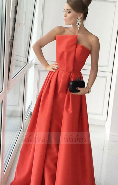 long prom dress, Red Satin A line prom dresses