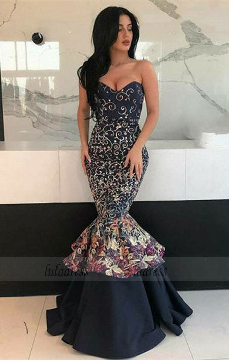 unique floral party dresses with lace, gorgeous trumpet evening gowns