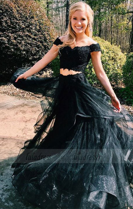 two piece off the shoulder black long prom dress party dress, princess party dress evening dress