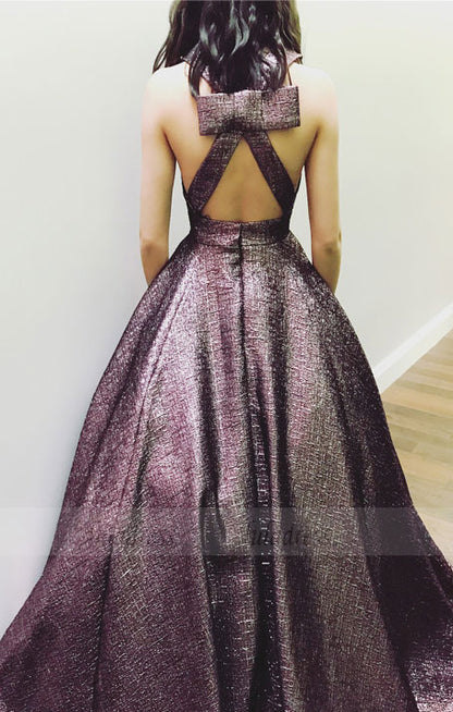 A-Line Deep V-Neck Backless Floor-Length Brown Satin Prom Dresses