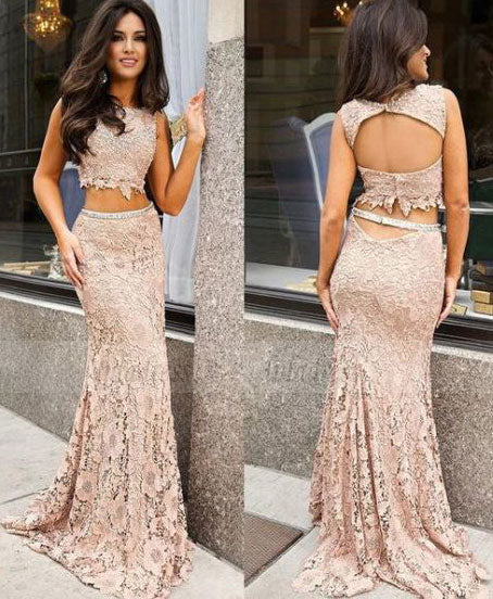 two piece lace prom dresses, open back mermaid prom dresses