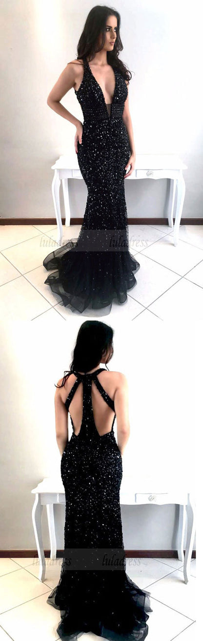 Sexy Black Mermaid Prom Dresses with Rhinestones,Deep V-neck Shine Beaded Long Pageant Dresses