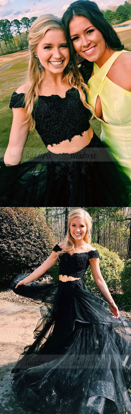 two piece off the shoulder black long prom dress party dress, princess party dress evening dress,BD98741