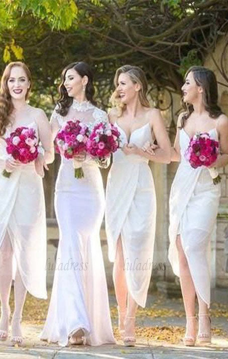 White Chiffon Side Split Spaghetti Strap Sexy Tea Length Wedding Party Bridesmaid Dresses