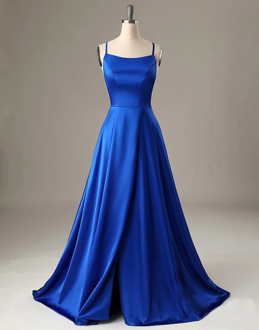 A-Line Royal Blue Prom Dresses Side Split Evening Dresses