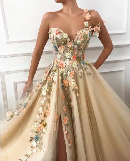 A Line One Shoulder Floor Length Sweetheart Tulle Applique Prom Dresses,Evening Dresses