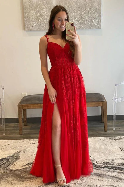 Elegant Red Appliqued Prom Dresses with Sheer Lace Bodice