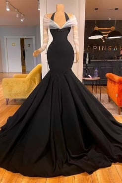 Long Sleeves Chic Black Halter Mermaid Evening Dresses