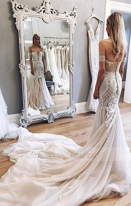 Mermaid Wedding Dresses,Off-the-Shoulder Wedding Dress,Chapel Train Wedding Dress