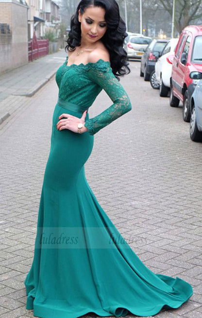 Lace Long Sleeves Mermaid Prom Dresses Off The Shoulder Evening Gowns