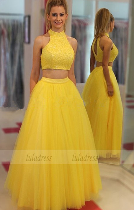 Yellow Two Pieces Prom Dress with Beaded Top