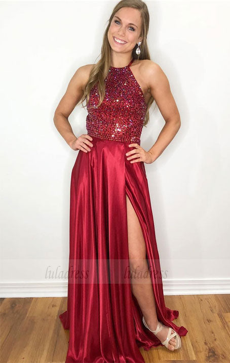 classic A-line long prom dress,  prom dress with side slit, party dress