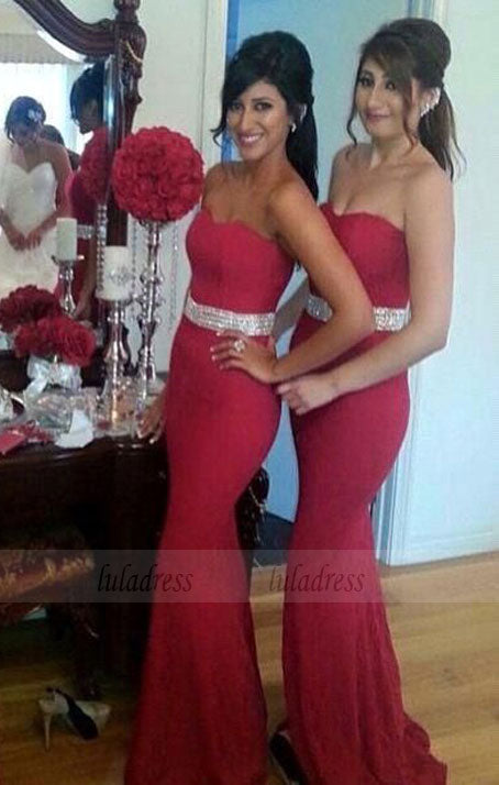 Crystal Mermaid Sweetheart Red Formal Dresses Gorgeous Bridesmaid Dress Long Bridal Gowns