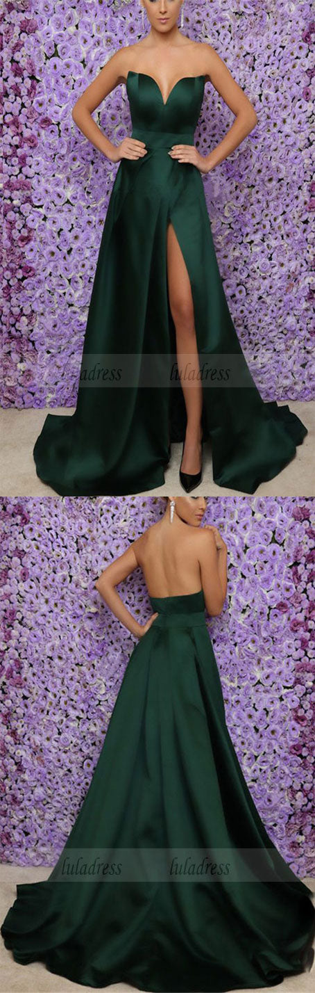 Emerald Green Long Satin V-neck Leg Split Prom Evening Dresses