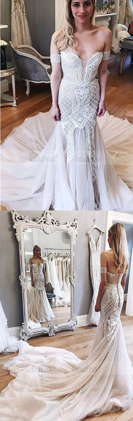 Mermaid Wedding Dresses,Off-the-Shoulder Wedding Dress,Chapel Train Wedding Dress