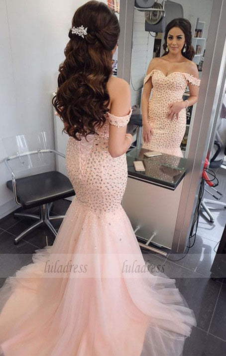 Luxurious Beaded Off Shoulder Mermaid Evening Dresses Bodice Corset Prom Dress