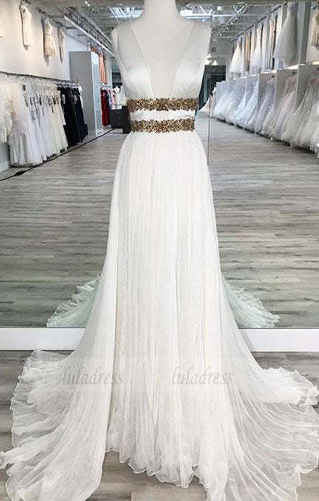 White V Neck Chiffon  Long  Prom Dress,  Evening Dresses,BD98068