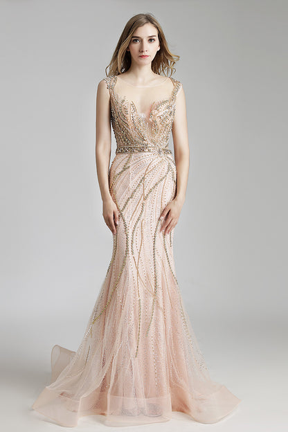 Blush Mermaid Formal Beaded Long Evening Prom Dress