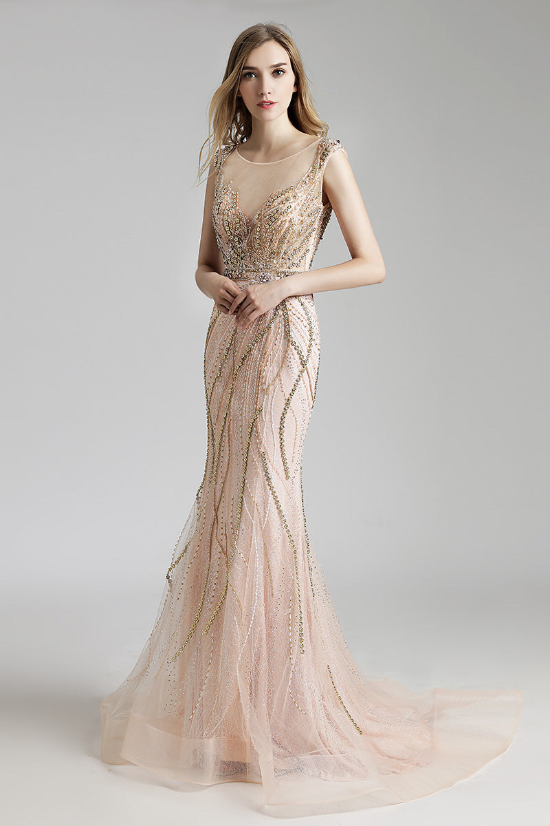 Blush Mermaid Formal Beaded Long Evening Prom Dress