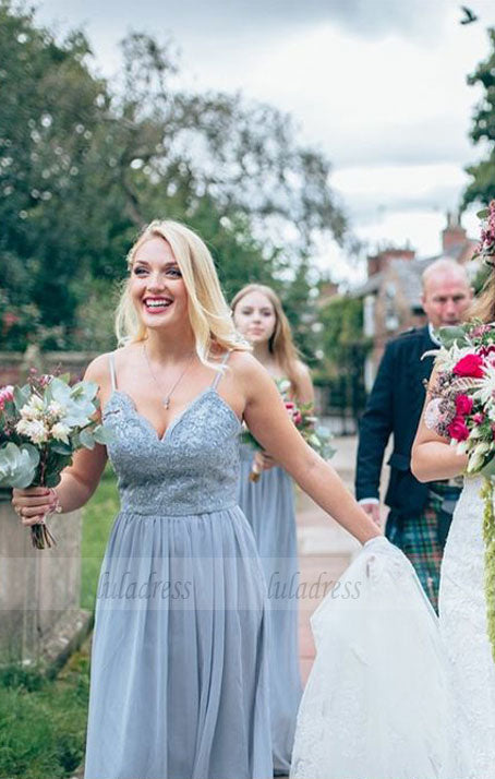 A-Line Spaghetti Straps Grey Bridesmaid Dress with Beading Lace