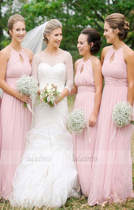 Pink Long Bridesmaid Dress, Pink Long Bridesmaid Dress with Key Hole