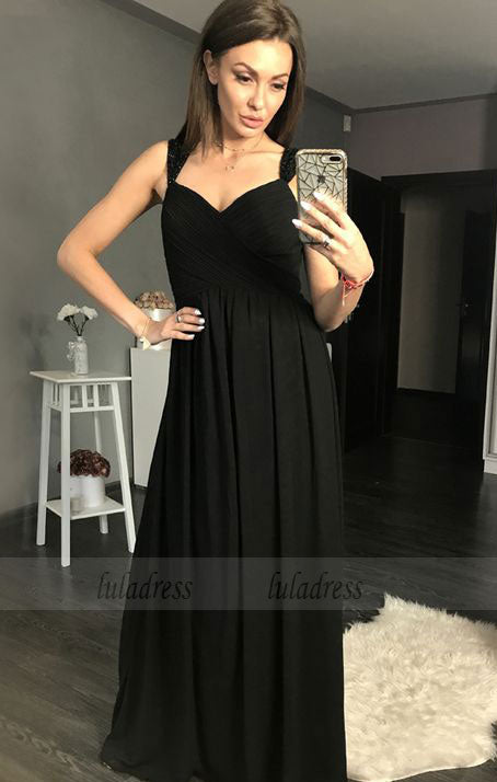 A-Line Straps Floor-Length Black Prom Dress with Beading Ruched