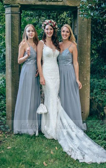 A-Line Spaghetti Straps Grey Bridesmaid Dress with Beading Lace,BD99643