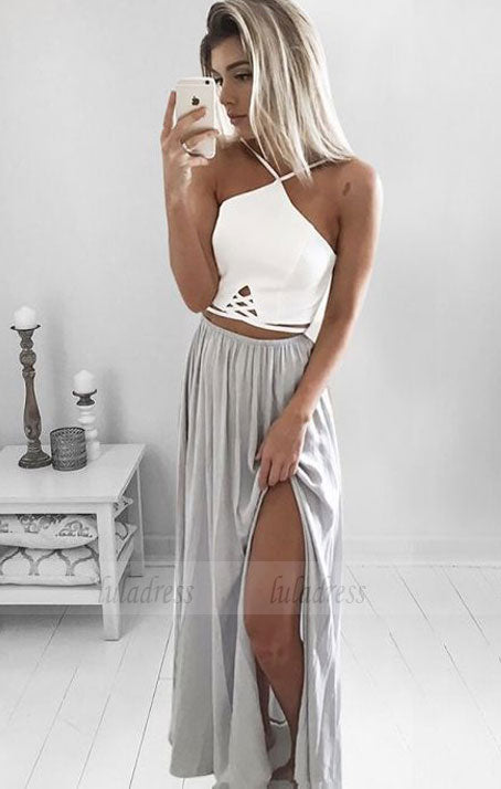 A-Line Spaghetti Straps Backless Long  Prom Dress with Split, simple beach party dresses with slit