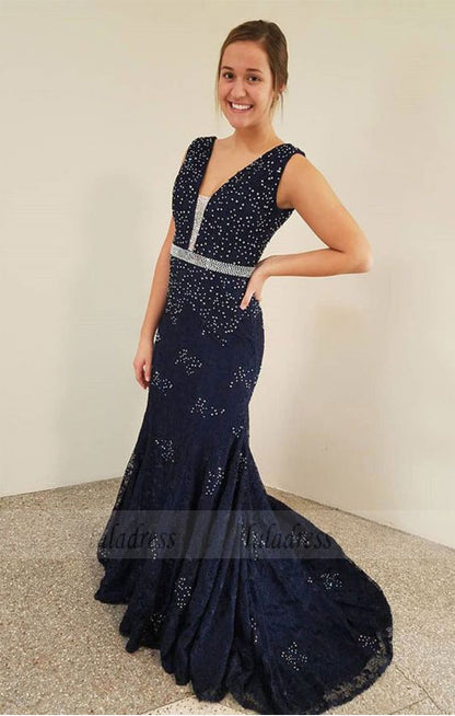 Mermaid V-Neck Sweep Train Lace Prom Dress with Beading