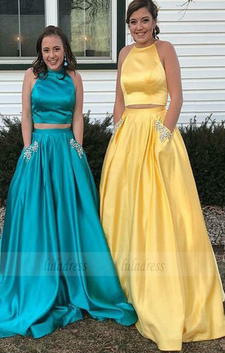 Two Piece Round Neck Yellow Satin Prom Dress