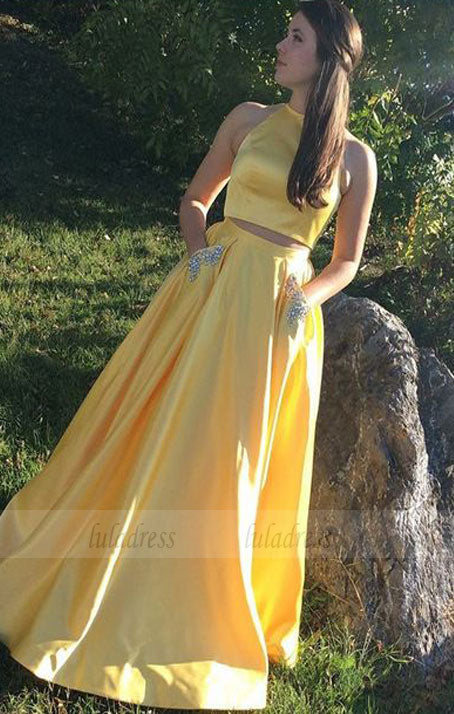 Two Piece Round Neck Yellow Satin Prom Dress,BD98575