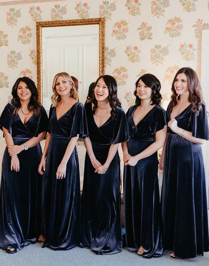 Velvet Navy Bridesmaid Dresses with Sleeve