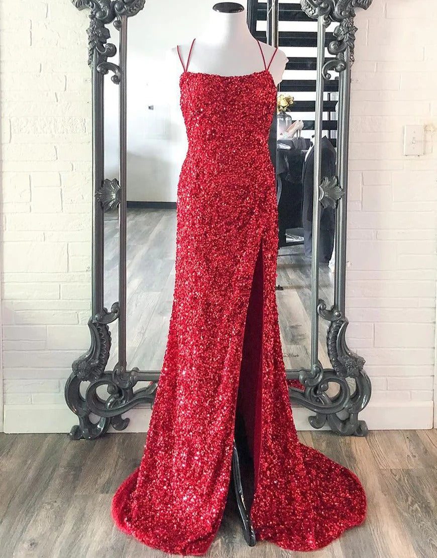 Mermaid Glitter Long Sequins Sexy Hot Pink Backless Prom Dresses