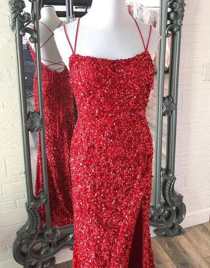 Mermaid Glitter Long Sequins Sexy Hot Pink Backless Prom Dresses