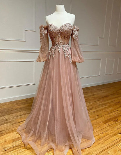 Pink Tulle Sweetheart Prom Dresses with Embroidery