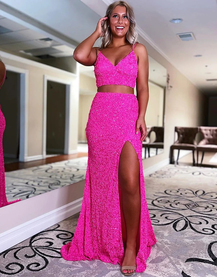 Mermaid Sequin Two Piece Long Prom Dresses