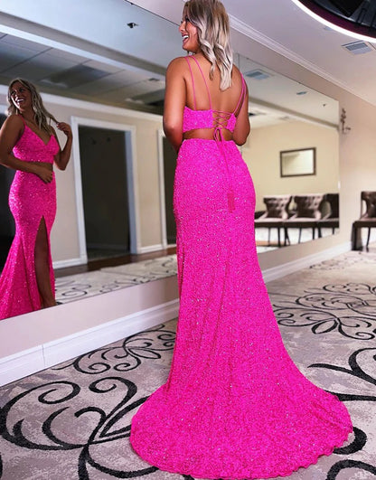 Mermaid Sequin Two Piece Long Prom Dresses