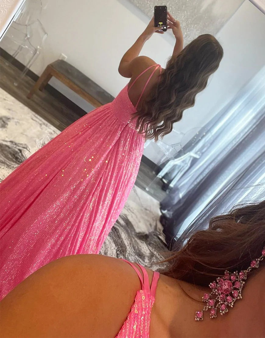 A Line Pink Cute One-Shoulder Backless Long Prom Dresses,BD930638