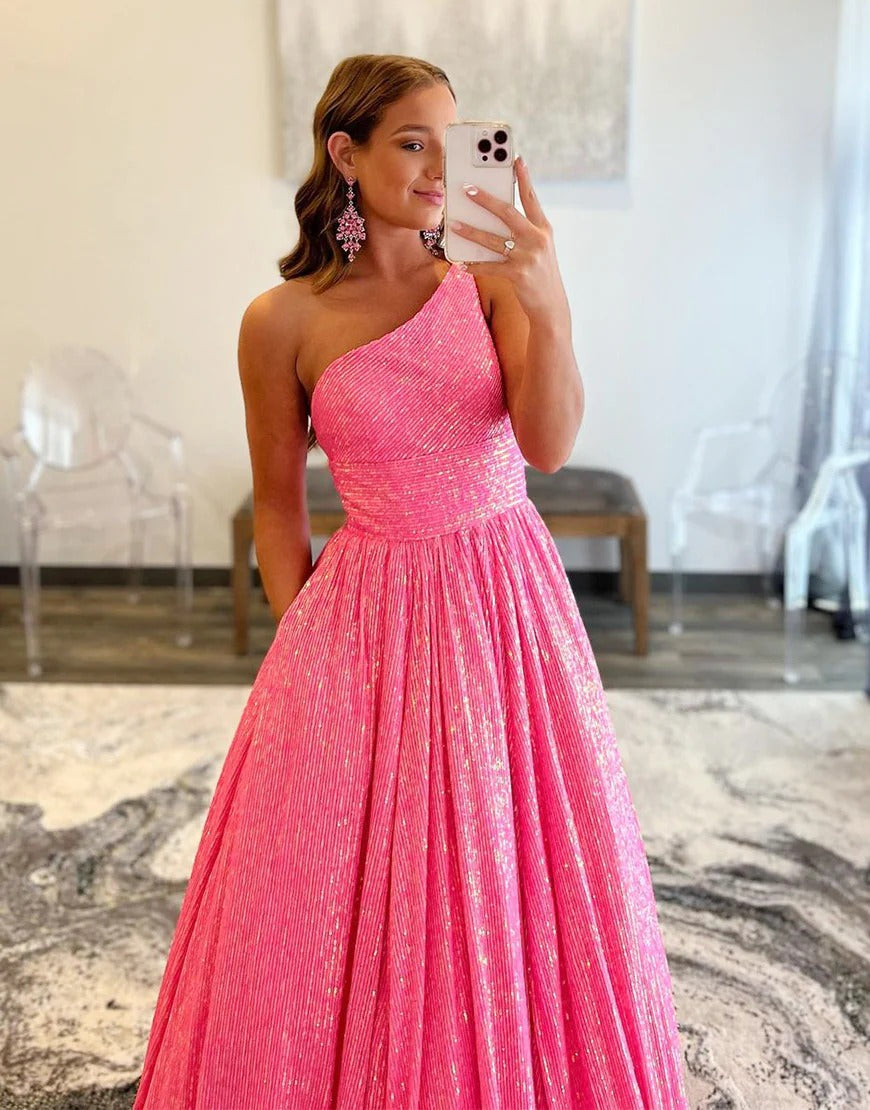 A Line Pink Cute One-Shoulder Backless Long Prom Dresses,BD930638