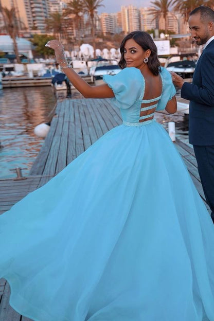 Mermaid Tulle Lake Blue Sequins Prom Dresses With Detachable Skirt