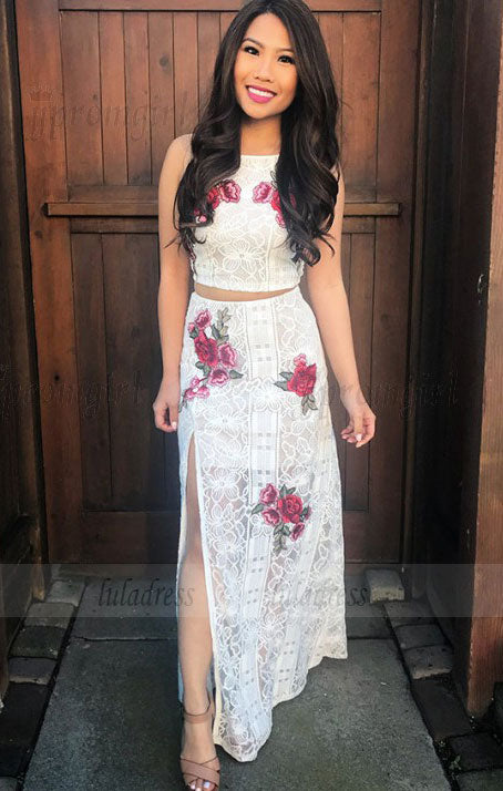 Two Piece Square Floor-Length White Lace Prom Dress with Appliques