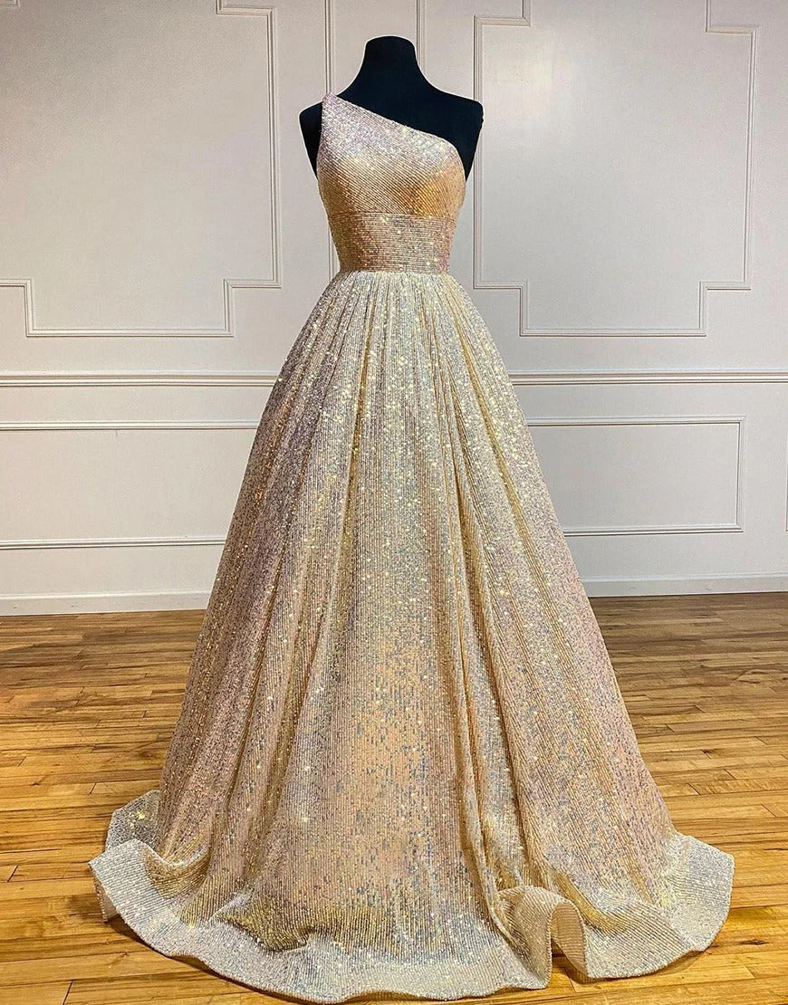 Champagne Glitter One Shoulder Prom Dresses,BD930678