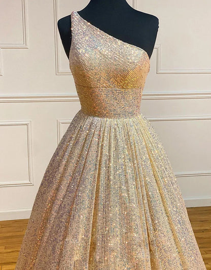 Champagne Glitter One Shoulder Prom Dresses,BD930678